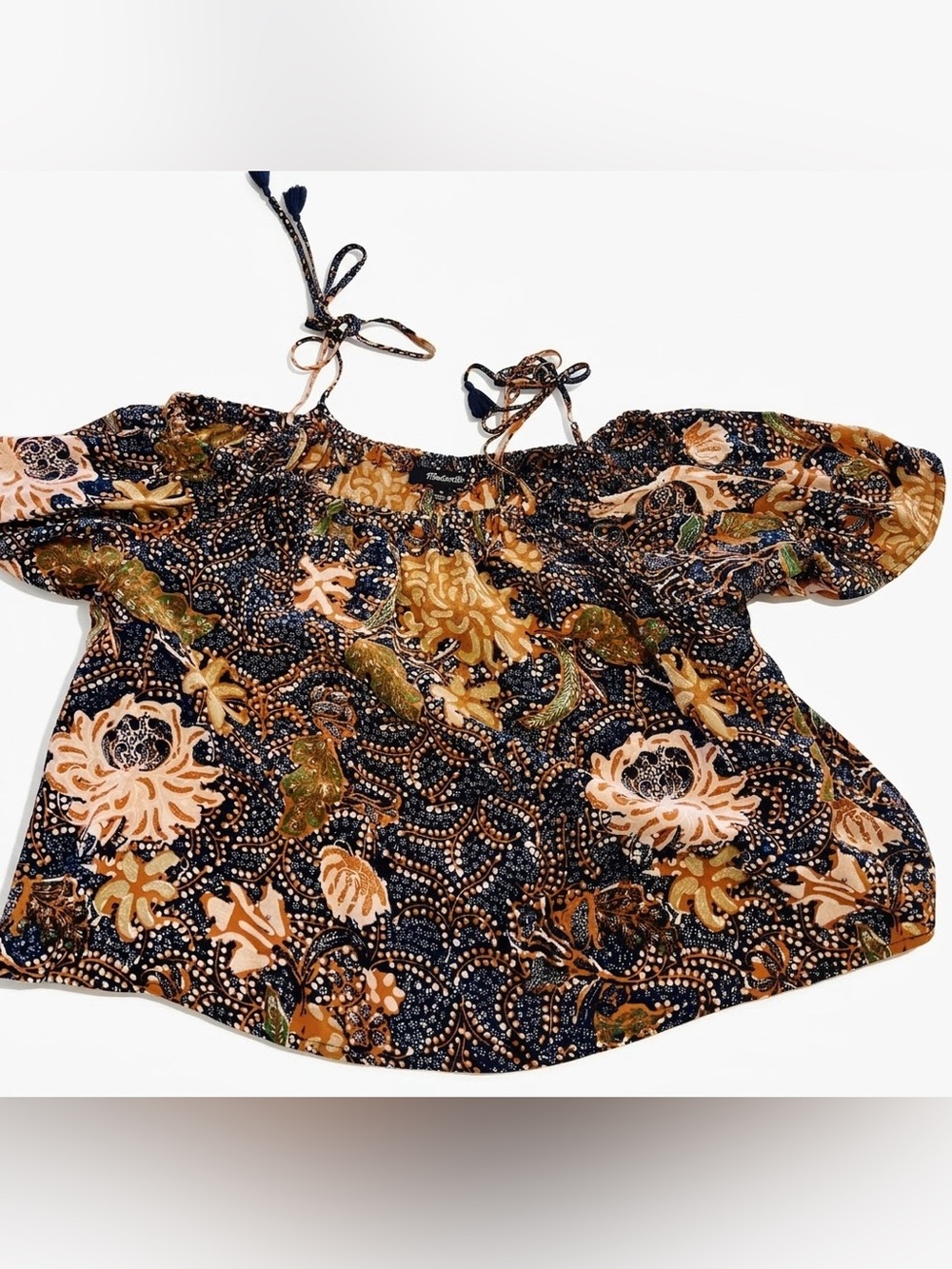 Madewell Navy Floral Off-Shoulder Tie-Detail Crop Top